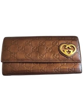 GUCCI Long Wallet GG Pattern Heart Shape Interlocking G Metallic Bronze/Brown